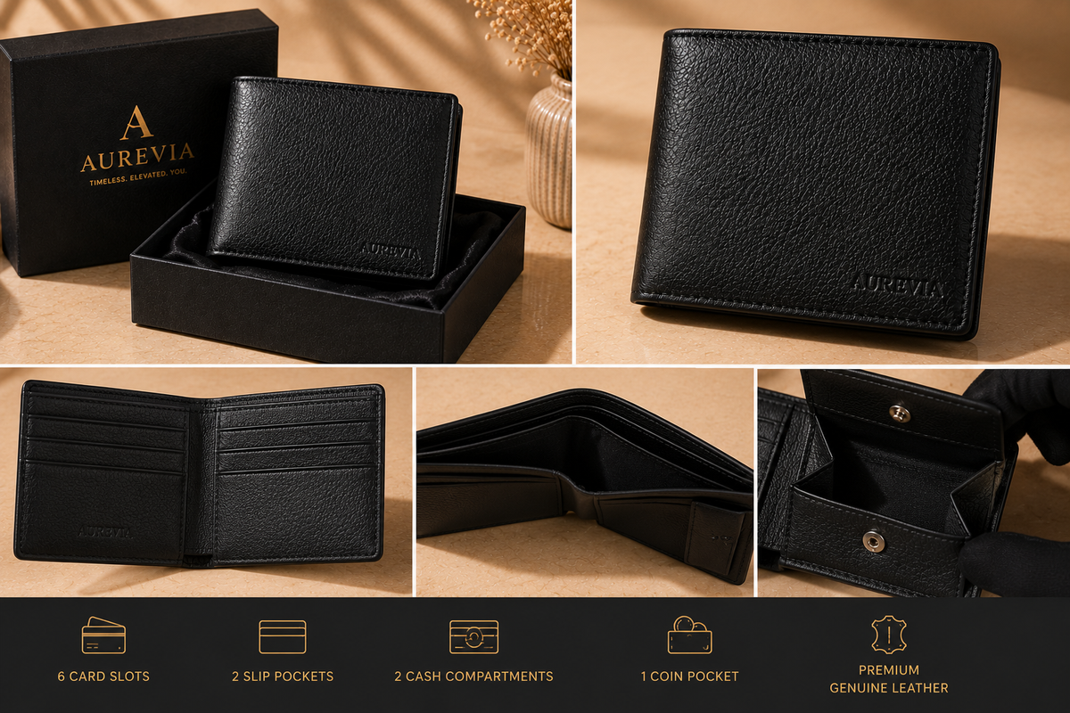 Aurevia Premium Full-Grain Leather Wallet for Men -Black